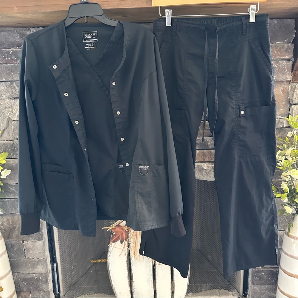 Cherokee Black Scrub top, bottom and Jacket Set